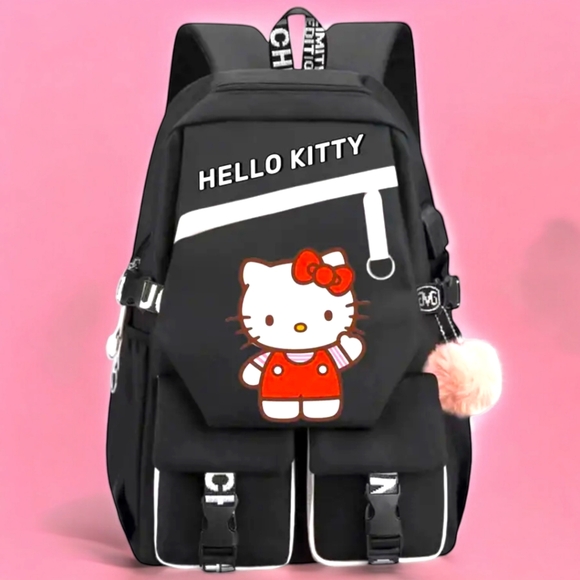 HELLO KITTY Limited Edition Large Black Backpack With Pink Pom Pom Keychain - Picture 3 of 7